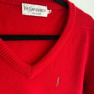 Yves Saint Laurent Red V-Neck Sweater Mens Lambswool Small Medium Vintage 10/10